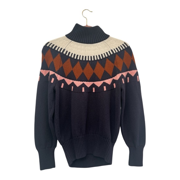 Chunky Knit Fair Isle Blue and Brown Turtleneck Sweater - Picture 2 of 5